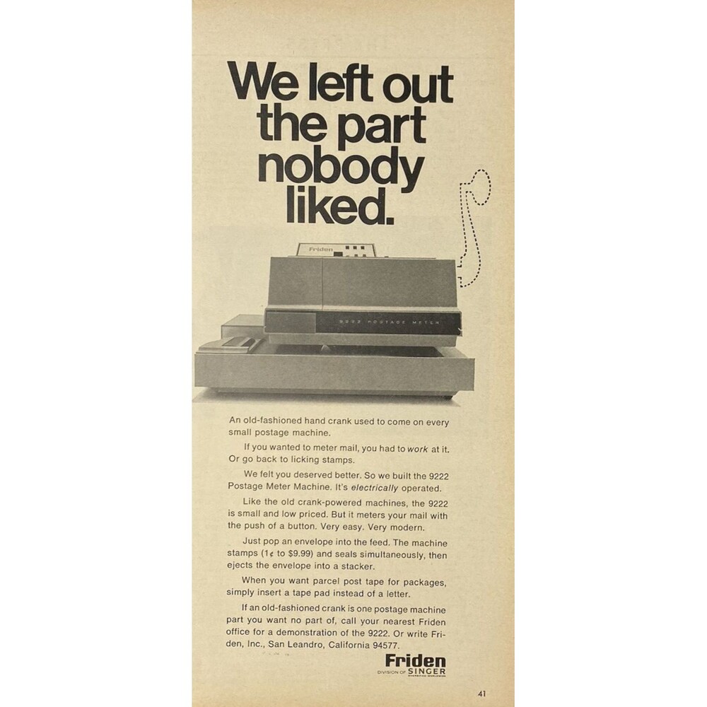 Singer Friden 9222 Postage Meter Machine "Left out unwanted Part" Print Ad 1968